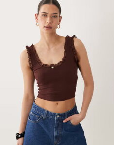 �~�X�Z���t�t���b�W ���f�B�[�X �g�b�v�X �V���c ���u ���[�X Misselfridge ribbed tank top with lace detail in chocolate �`���R���[�g