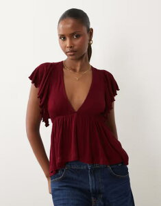 �G�C�\�X ���f�B�[�X �g�b�v�X �V���c �t���� ASOS DESIGN crinkle plunge neck ruffle flutter sleeve top in berry