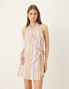 �G�C�\�X ���f�B�[�X �g�b�v�X �����s�[�X �~�j �R�b�g�� ���l�� �z���^�[ ASOS DESIGN cotton linen blend halter neck wrap mini sundress in pastel mixed stripes Pastel Mixed Stripe �X�g���C�v