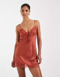 �G�C�\�X ���f�B�[�X �g�b�v�X �����s�[�X �~�j �T�e�� ASOS DESIGN cami crinkle satin tie front mini dress in rust ���X�g