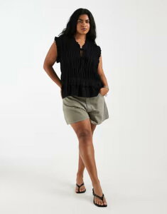 �I�����[�J�[�u ���f�B�[�X �g�b�v�X �V���c ���l�� ONLY Curve tie front linen blend top Black �u���b�N