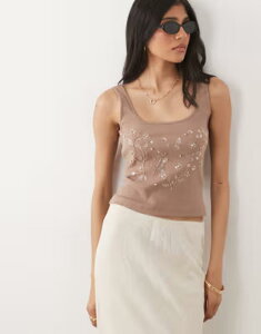 �~�X�Z���t�t���b�W ���f�B�[�X �g�b�v�X �V���c ���u�j�b�g Misselfridgembellished rib knit square neck top in chocolate �`���R���[�g