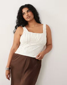 �G�C�\�X ���f�B�[�X �g�b�v�X �V���c ASOS Curve ASOS DESIGN Curveyelet milkmaid top with gathered bust in cream �N���[��
