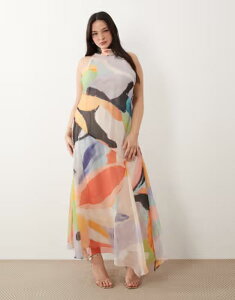 �G�C�\�X ���f�B�[�X �g�b�v�X �����s�[�X �V�t�H�� �n�C�l�b�N �v�����g �}�L�V ASOS Curve ASOS DESIGN Curve chiffon high neck maxi dress in multi abstract print multi �}���`�J���[