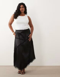�G�C�\�X ���f�B�[�X �{�g���X�J�[�g �A�V�����g���[ �T�e�� ���[�X �}�L�V ASOS Curve ASOS DESIGN Curve satin asymmetric maxi skirt with lace detail Black �u���b�N