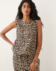 ���B�� ���f�B�[�X �g�b�v�X T�V���c �v�����g �m�[�X���[�u ���l�� VILA linen mix tie side sleeveless top in leopard print - part of a set Birch LEO �A�j�}��