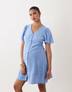 �}�}���C�V�A�X ���f�B�[�X �g�b�v�X �����s�[�X �~�j �}�^�j�e�B Mama.licious Mamalicious Maternity button frontie waist mini dress in cornflower Blue �u���[