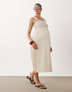 �}�}���C�V�A�X ���f�B�[�X �g�b�v�X �����s�[�X �~�f�B �}�^�j�e�B Mama.licious Mamalicious Maternity shirred bust detail midi dress in stone FRENCH OAK �X�g�[��