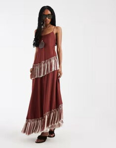 �G�C�\�X ���f�B�[�X �g�b�v�X �����s�[�X �T�e�� �}�L�V �t�����W ASOS DESIGN double tier layered two tone fringe satin cami maxi dress Burgundy �o�[�K���f�B