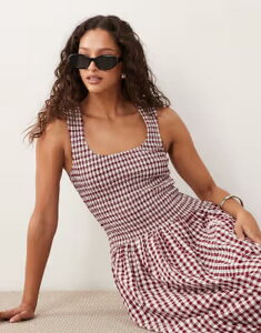 �G�C�\�X ���f�B�[�X �g�b�v�X �����s�[�X �M���K���`�F�b�N �}�L�V �M���K�� ASOS DESIGN scoop neck crinkle maxi sundress with shirred waist and cream gingham Burgundy Gingham �o�[�K���f�B
