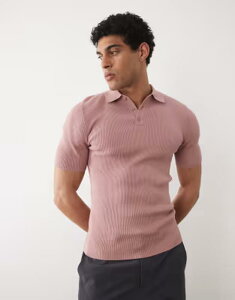 �G�C�\�X �����Y �g�b�v�X �|���V���c ���u�j�b�g ASOS DESIGN Essential muscle-fit fine-rib knit polo shirt PINK �s���N