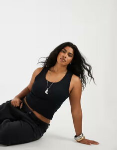 �G�C�\�X ���f�B�[�X �g�b�v�X �x�X�g ���u ASOS Curve ASOS DESIGN Curve thick binding detail ribbed scoop neck tank top Black �u���b�N