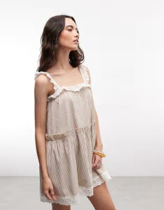 �f�C�W�[�X�g���[�g ���f�B�[�X �g�b�v�X �����s�[�X �e�B�A�[�h �~�j ���[�X Daisy Street chuck on tiered smock mini dress with lacedging stripe BROWN �u���E��