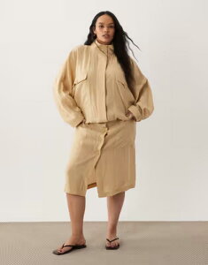�G�C�\�X ���f�B�[�X �A�E�^�[ �W���P�b�g�E�u���]�� �X�^���h�l�b�N ASOS Curve ASOS DESIGN Curve modal blend utility funnel neck bubble shacket Beige green �O���[��
