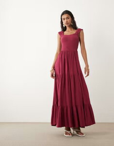 ���B�� ���f�B�[�X �g�b�v�X �����s�[�X �e�B�A�[�h �}�L�V Vila shirred bodice tiered maxi dress in wine Anemone ���b�h