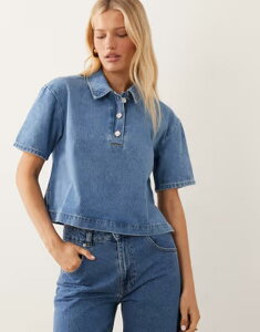 �G�C�\�X ���f�B�[�X �g�b�v�X T�V���c �|���V���c �f�j�� ASOS DESIGN boxy denim polo shirt in bleach wash Bleach Wash �f�j��