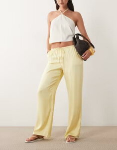�G�C�\�X ���f�B�[�X �{�g���X �J�W���A���p���c ���C�h���b�O �T�e�� ASOS DESIGN satin wide leg pull on pants in buttermilk