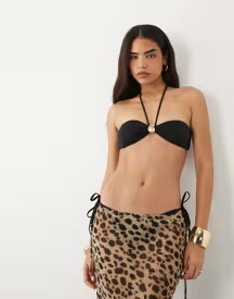 マンゴ レディース 水着 トップのみ Mango tie neck bikini top with gold accents Black ブラック