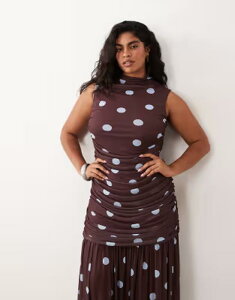 �G�C�\�X ���f�B�[�X �g�b�v�X �����s�[�X �h�b�g�� �h�b�g �v�����g �M���U�[ ASOS Curve ASOS DESIGN Curve printed polka dot ruchedrop waist circle dress with grown oneck Burgundy �o�[�K���f�B