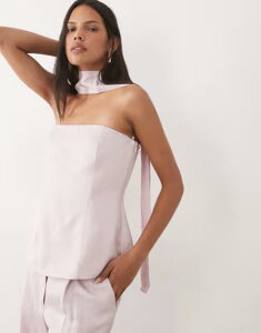 �}���S ���f�B�[�X �g�b�v�X �V���c ���l�� Mango Marina linen mix off shoulder top with scarf in pastel pink - part of a set PINK �s���N