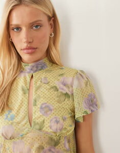 �G�C�\�X ���f�B�[�X �g�b�v�X �V���c �t�����[�� �t�����[ ASOS DESIGN short sleeve top with keyhole detail floral Green floral �O���[��