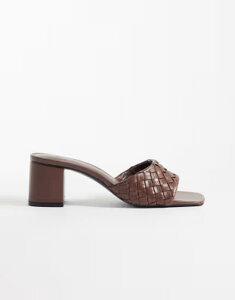 �}���S ���f�B�[�X �V���[�Y �T���_�� ���U�[ �t�F�C�N���U�[ �q�[�� Mango faux leather braided block heeled mules Chocolate �`���R���[�g