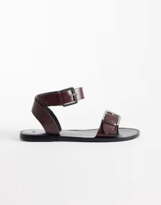 �}���S ���f�B�[�X �V���[�Y �T���_�� ���U�[ Mango 100% leather buckle detailing flat sandals in chocolate �`���R���[�g