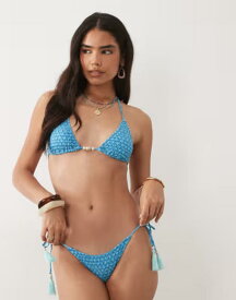 マンゴ レディース 水着 トップのみ プリント Tシャツ Mango Teen crinkle string bikini set print BLUE ブルー