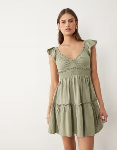 �~�X�Z���t�t���b�W ���f�B�[�X �g�b�v�X �����s�[�X Misselfridge flutter sleeve smock dress Khaki �J�[�L