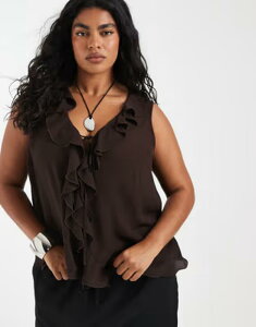 �I�����[�J�[�u ���f�B�[�X �g�b�v�X �V���c �t���� ONLY Curve tie front ruffles top BROWN �u���E��
