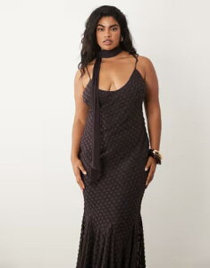 �G�C�\�X ���f�B�[�X �g�b�v�X �����s�[�X ASOS Curve ASOS DESIGN Curve bias plunge cami dress with full godets and scarf detail in chocolate Brown �u���E��