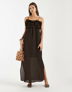 �I�u�W�F�N�g ���f�B�[�X �g�b�v�X �����s�[�X �t���� �}�L�V Objectextu red ruffle layeredetail cami maxi dress in chocolate Seal brown �u���E��