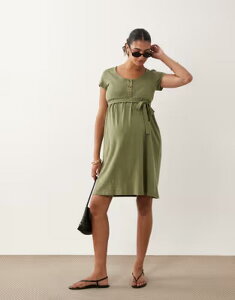 �}�}���C�V�A�X ���f�B�[�X �g�b�v�X �����s�[�X �~�f�B �}�^�j�e�B Mama.licious Mamalicious Maternity button frontie waist midi dress in olive Oil green �O���[��