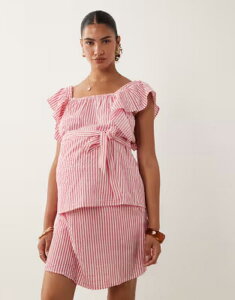 �}�}���C�V�A�X ���f�B�[�X �g�b�v�X �V���c �}�^�j�e�B Mama.licious Mamalicious Maternity flutter sleeve seersucker top and red stripe - part of a set Sno white stripes �z���C�g