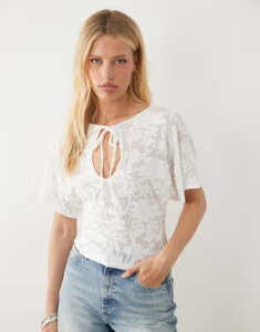 �~�X�Z���t�t���b�W ���f�B�[�X �g�b�v�X �V���c Misselfridge burnout short sleeve keyhole top with picotrim PINK �s���N