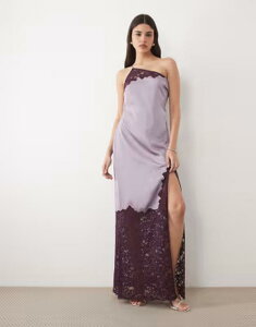 �V�b�N�X�X�g�[���[�Y ���f�B�[�X �g�b�v�X �����s�[�X �T�e�� ���[�X �}�L�V Six Stories one shoulder thigh split satin and lace mix maxi dress in orchid �p�[�v��