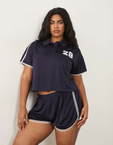 �G�C�\�X ���f�B�[�X �g�b�v�X T�V���c �|���V���c ���[�X ASOS Curve ASOS DESIGN Curve tricot sporty polo top with lace detailing - part of a set NAVY �l�C�r�[