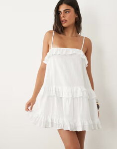 �U�E�t�����b�N ���f�B�[�X �g�b�v�X �����s�[�X �~�j �R�b�g�� The Frolic exclusive textu red cotton frill detail camini dress WHITE �z���C�g