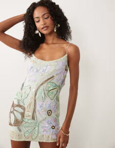 �G�C�\�X ���f�B�[�X �g�b�v�X �����s�[�X �~�j ASOS DESIGN bias cut double rouleaux strap artwork embellished mini dress in aqua �A�N�A