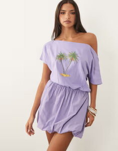 �G�C�\�X ���f�B�[�X �g�b�v�X �����s�[�X �v�����g ASOS DESIGN printed palm tree dress in lilac PURPLE �p�[�v��