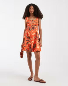 ���F�����[�_ ���f�B�[�X �g�b�v�X �����s�[�X �v���[�c �v�����g �~�j �m�[�X���[�u Vero Moda sleeveless pleated front mini dress in orange sea shell print Spicy orange �I�����W