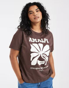 �I�����[�J�[�u ���f�B�[�X �g�b�v�X T�V���c �v�����g ONLY Curve Amalfi print-shirt in chocolate BROWN �u���E��