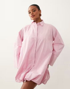 �G�C�\�X ���f�B�[�X �g�b�v�X �V���c �~�j�����s�[�X �v�����g �~�j ASOS DESIGN wide cuff shirt mini dress with bubble hem striped print Pink stripe �s���N