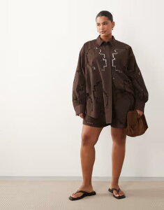 �A�����W ���f�B�[�X �{�g���X �n�[�t�p���c�E�V���[�c �V���[�g�p���c �h�J ARRANGE Curve cutwork embroide red shorts in chocolate - part of a set Chocolate �`���R���[�g