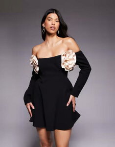 �G�C�\�X ���f�B�[�X �g�b�v�X �����s�[�X �~�j ASOS LUXE bardot mini skater dress with corsage details Black �u���b�N