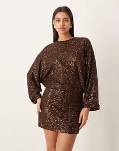 �W�[�i�g���R ���f�B�[�X �g�b�v�X �����s�[�X �~�j �X�p���R�[�� Gina Tricot long sleeve sequined low back mini dress in dark brown �u���E��