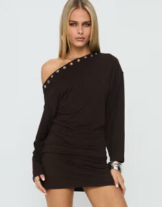 �v�����Z�X�|���[ ���f�B�[�X �g�b�v�X �����s�[�X �M���U�[ �~�j Princess Polly Sakaia off shoulder long sleeve ruched eyelet mini dress BROWN �u���E��