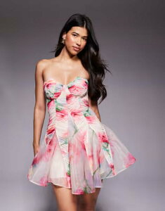 �G�C�\�X ���f�B�[�X �g�b�v�X �����s�[�X �t�����[�� �~�j �t�����[ ASOS LUXE Scallop cup bandeau mini dress in blur red floral Blur red floral