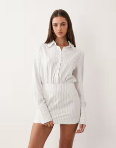 �A���A�R�[�u ���f�B�[�X �g�b�v�X �����s�[�X �~�j �V���c Aria Cove fittedeep cuff mini shirt dress pinstripe White Pinstripe �z���C�g