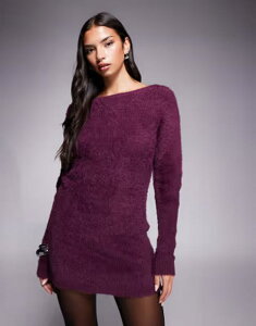 �A���A�R�[�u ���f�B�[�X �g�b�v�X �����s�[�X �~�j �Z�[�^�[ �j�b�g Aria Cove fluffy knit reversible low back mini sweater dress in plum Deep burgundy �o�[�K���f�B